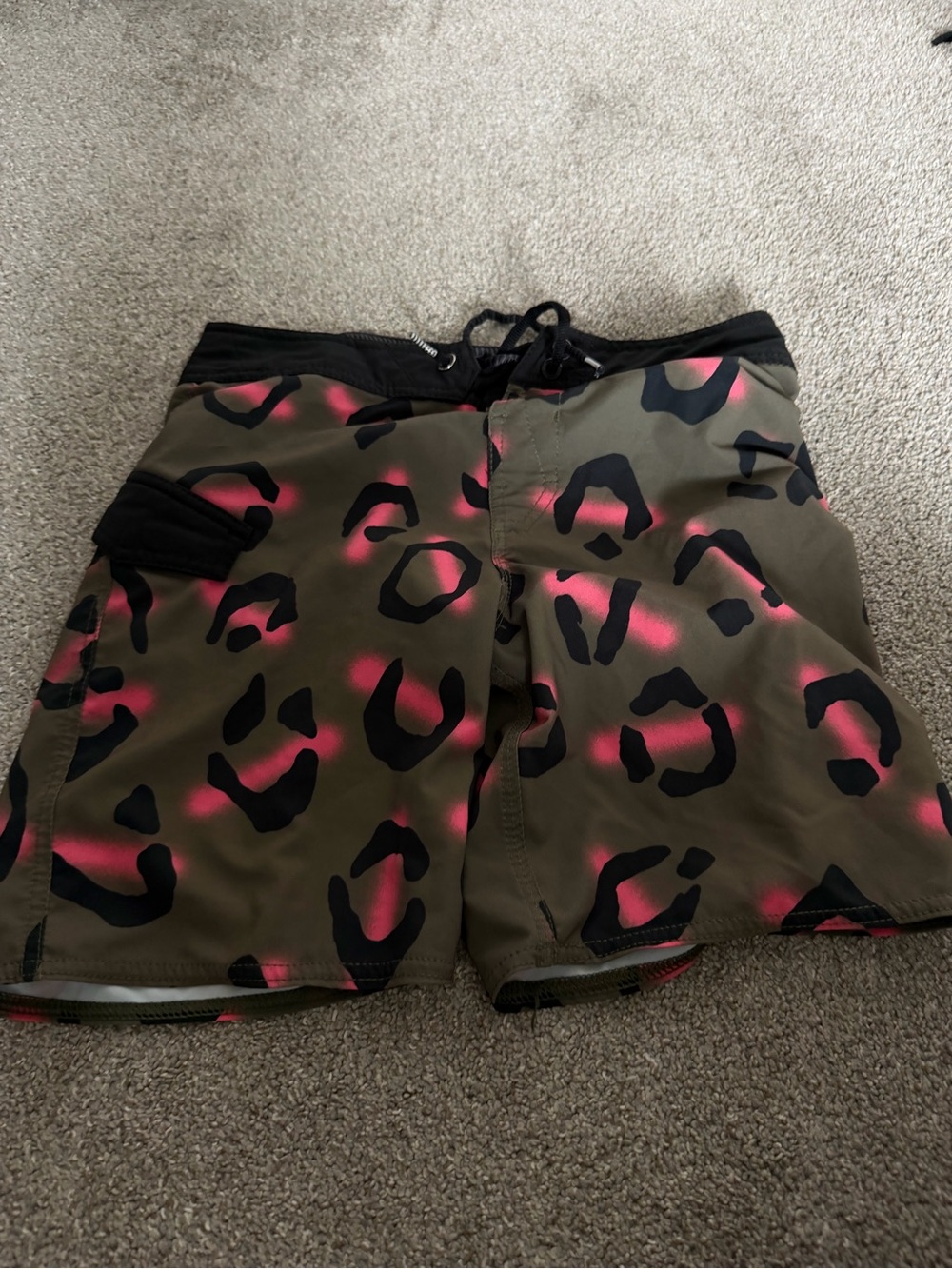 Volcom Men's Olive Swim Shorts with Black and Pink Leopard Print
